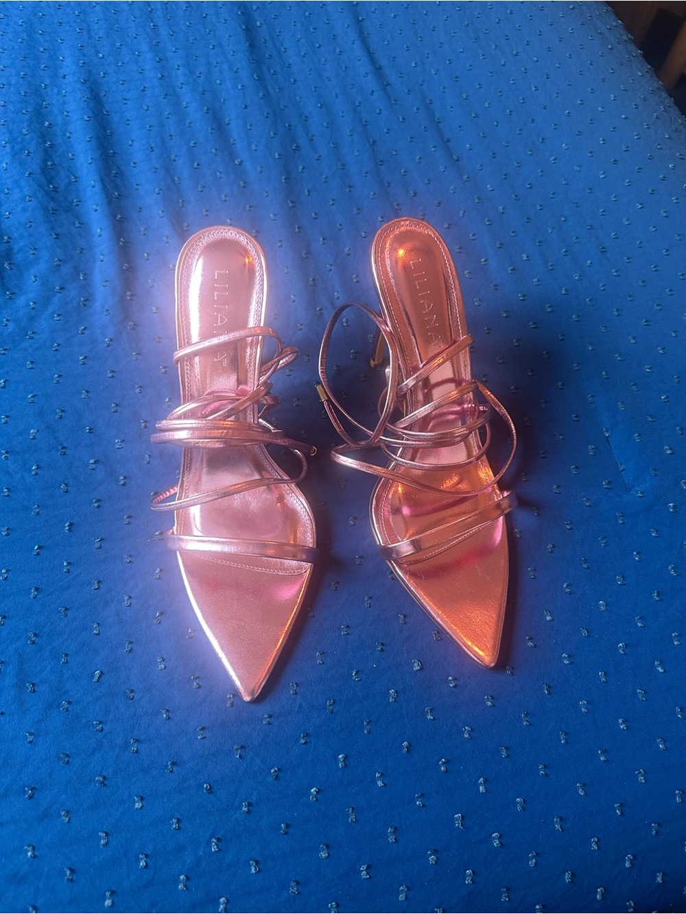 Lillianna Metallic Rose Gold Strappy Pointed Toe Heels